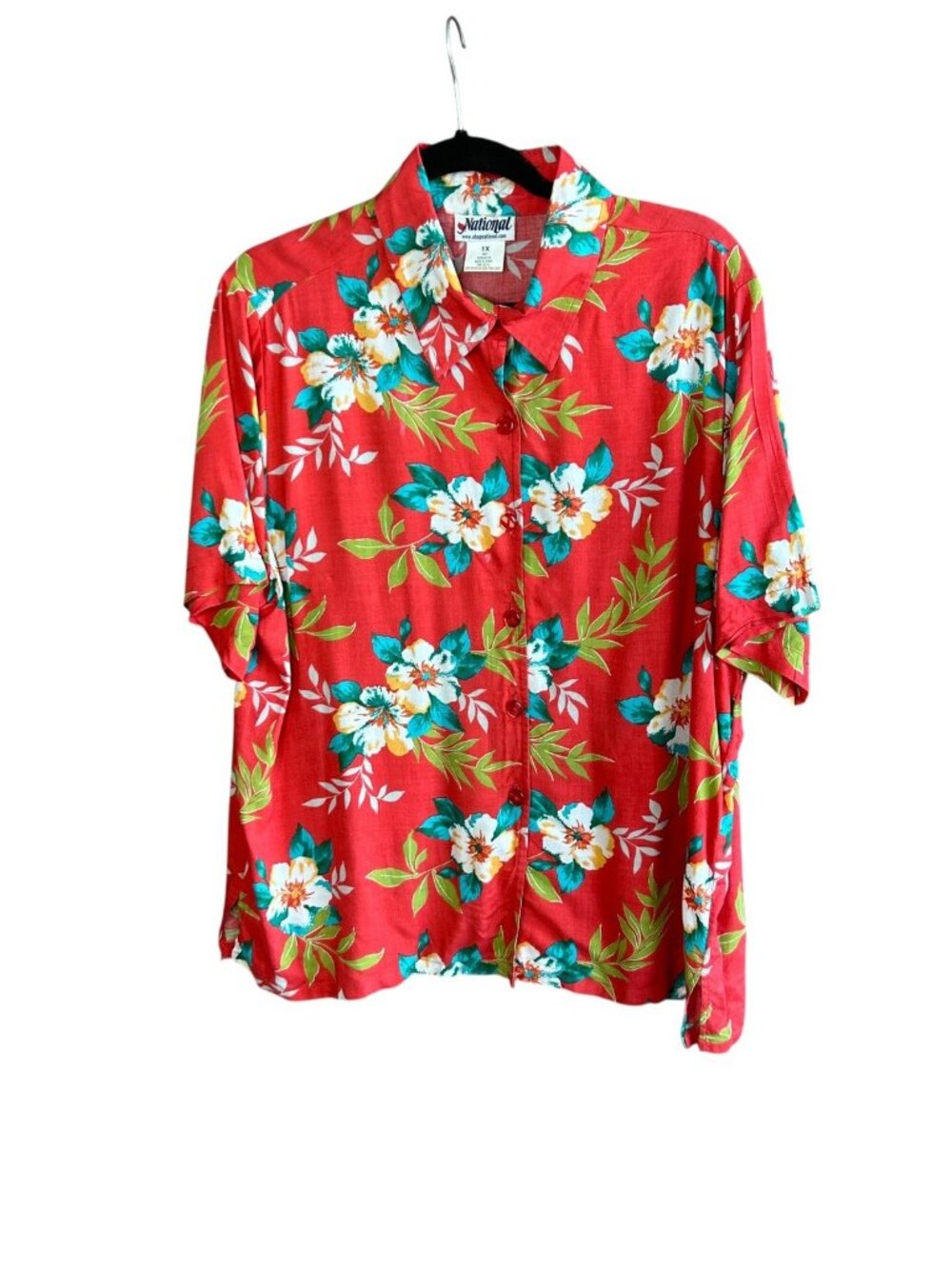 National Shirt Red Hawaiian Floral Button Front Rayon Camp Shirt Size 1X